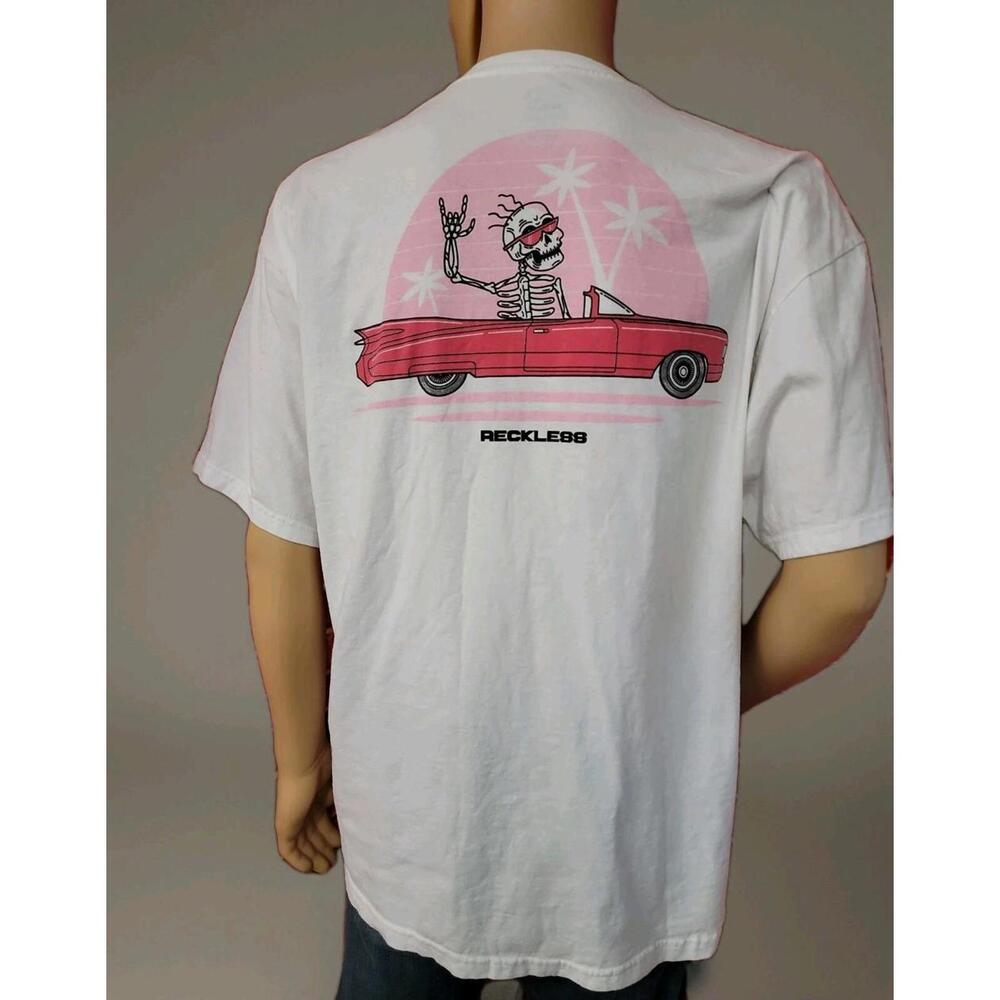 Call Your Mother Reckless White Graphic T-Shirt Men's XL Skeleton Driving #WM1